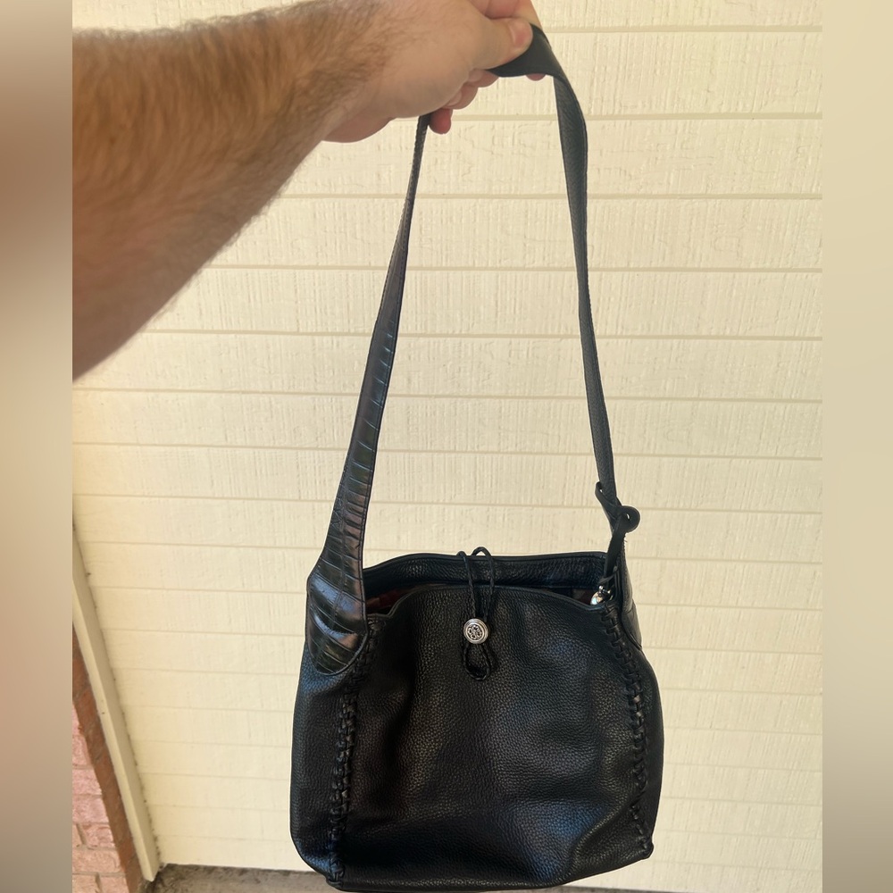 Brighton Gina Black Brown Pebbled Croc Leather Braided Strap Hobo Shoulder Bag